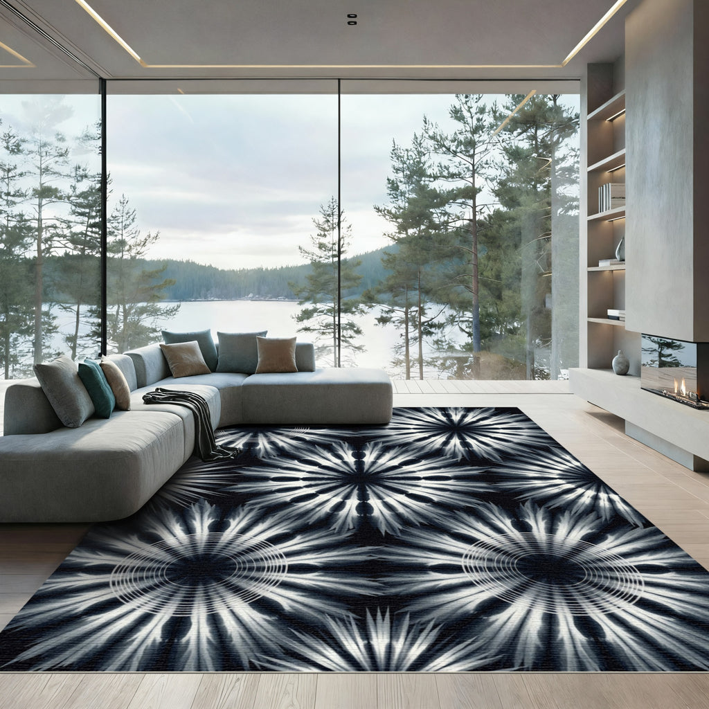 Monochrome Celestial Bloom Radial Art Rug