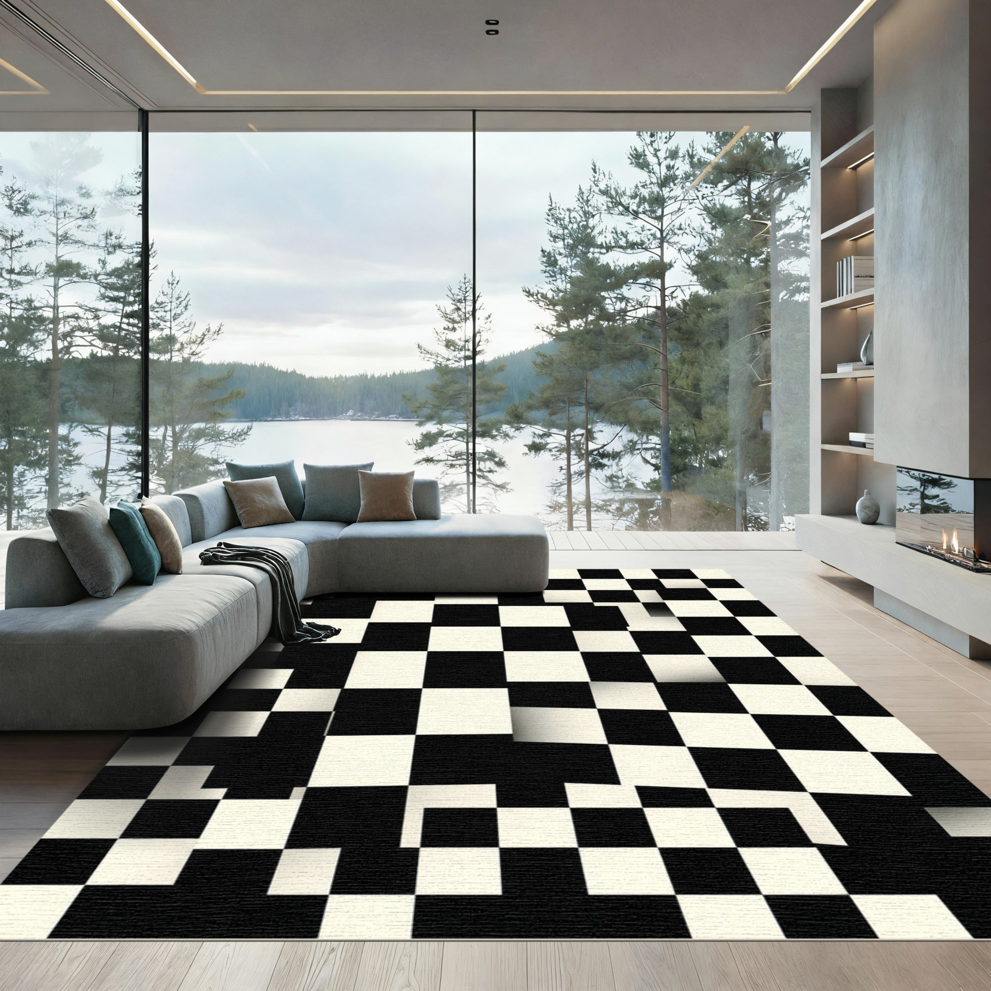 Black White Geometric Checkered Warp Rug