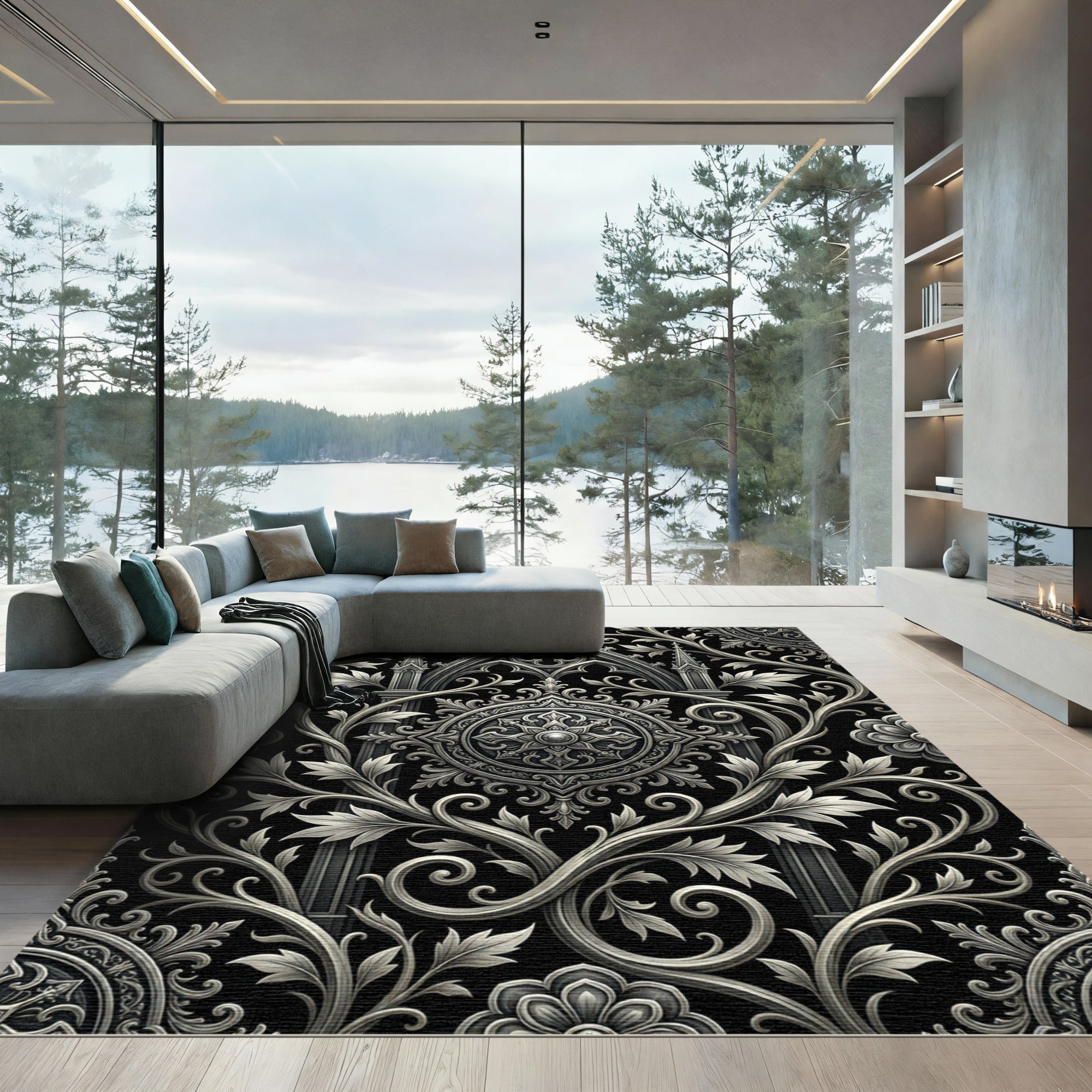 Gothic Silver Ornate Filigree Medallion Rug