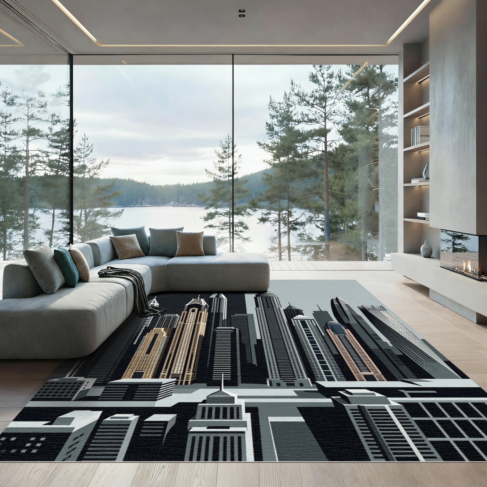 Monochrome Skyscraper Architectural Skyline Illustration Rug