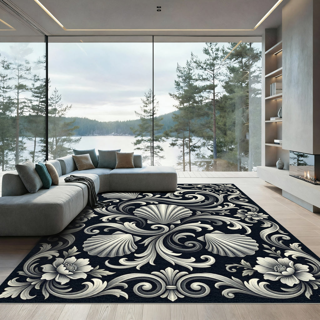 Elegant Monochrome Baroque Shell Scroll Rug