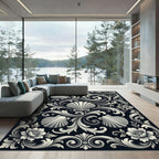 Elegant Monochrome Baroque Shell Scroll Rug