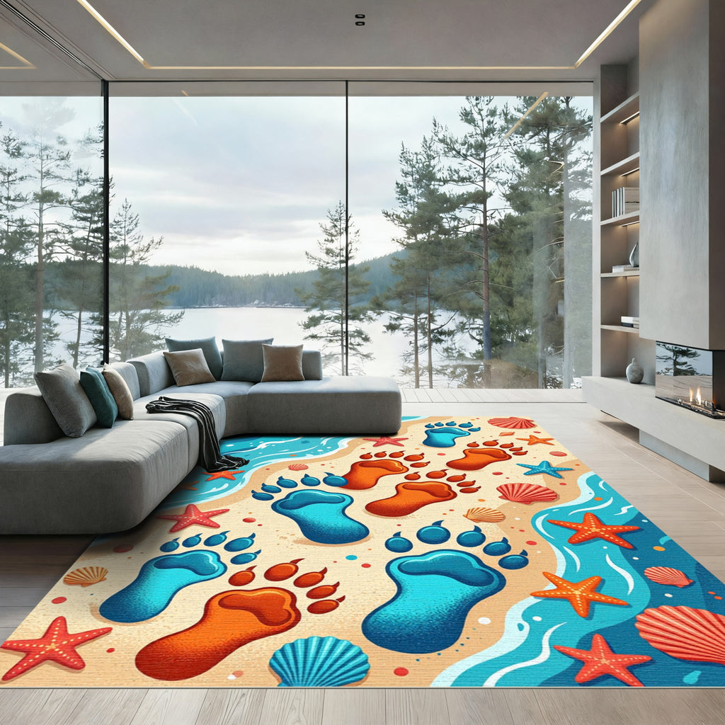 Playful Blue Orange Paw Print Shore Rug