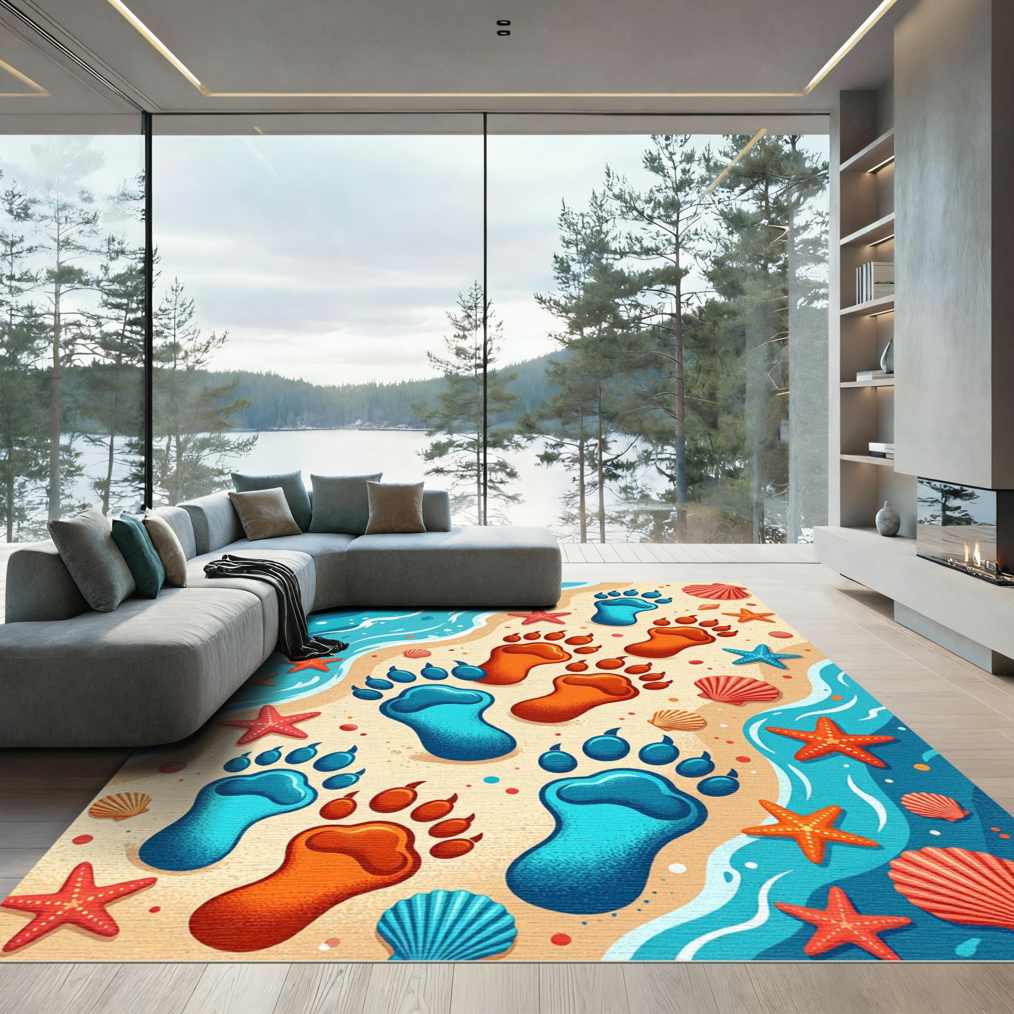 Playful Blue Orange Paw Print Shore Rug