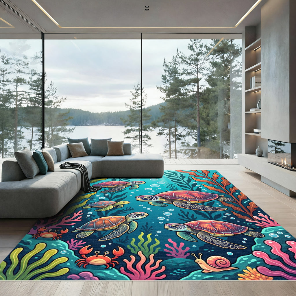 Vibrant Underwater Sea Turtle Kelp Life Rug