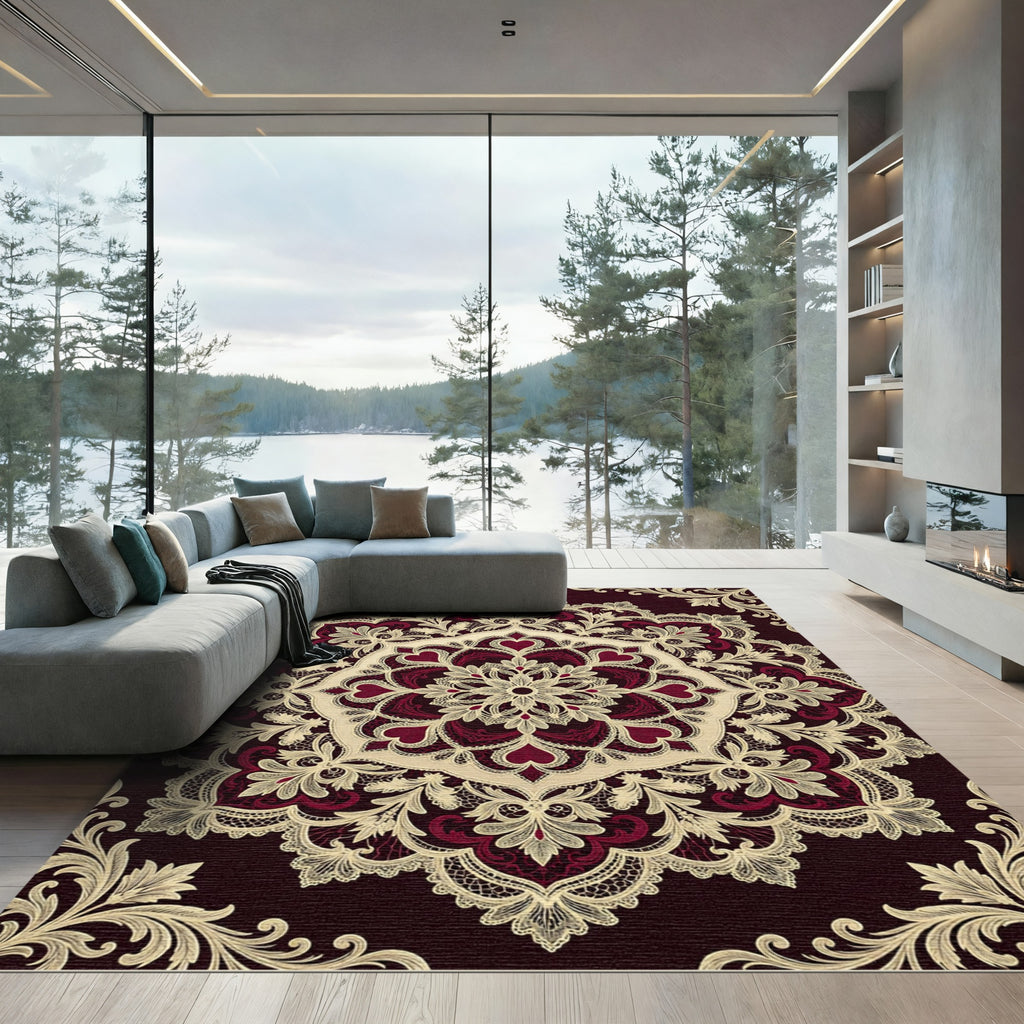 Burgundy Cream Lace Medallion Arrangement Rug