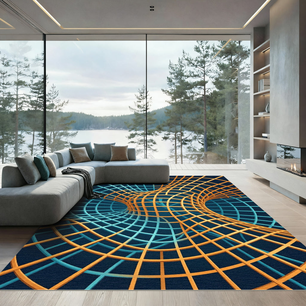 Abstract Golden Cyan Geometric Warp Rug