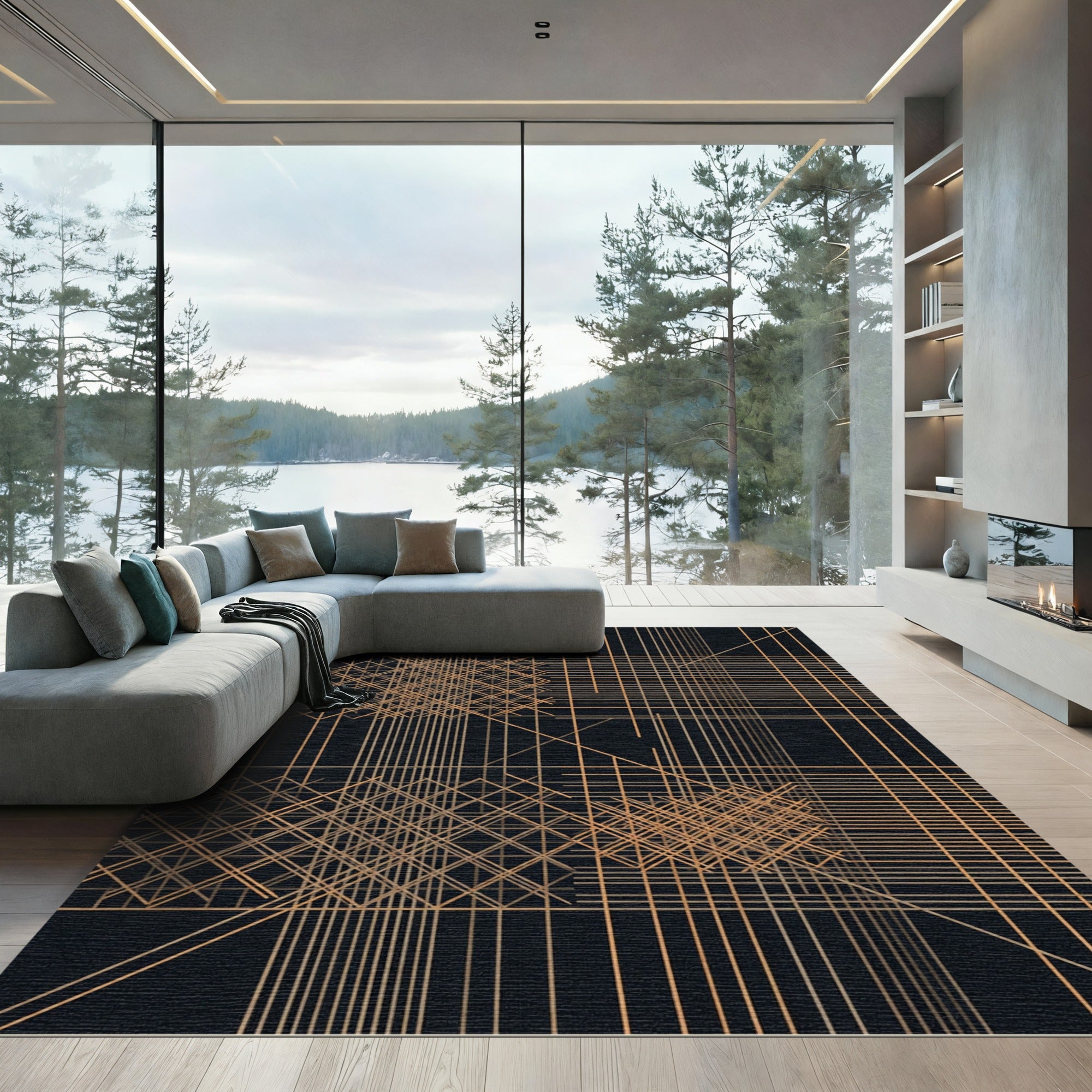 Geometric Gold Line Grid Abstract Rug
