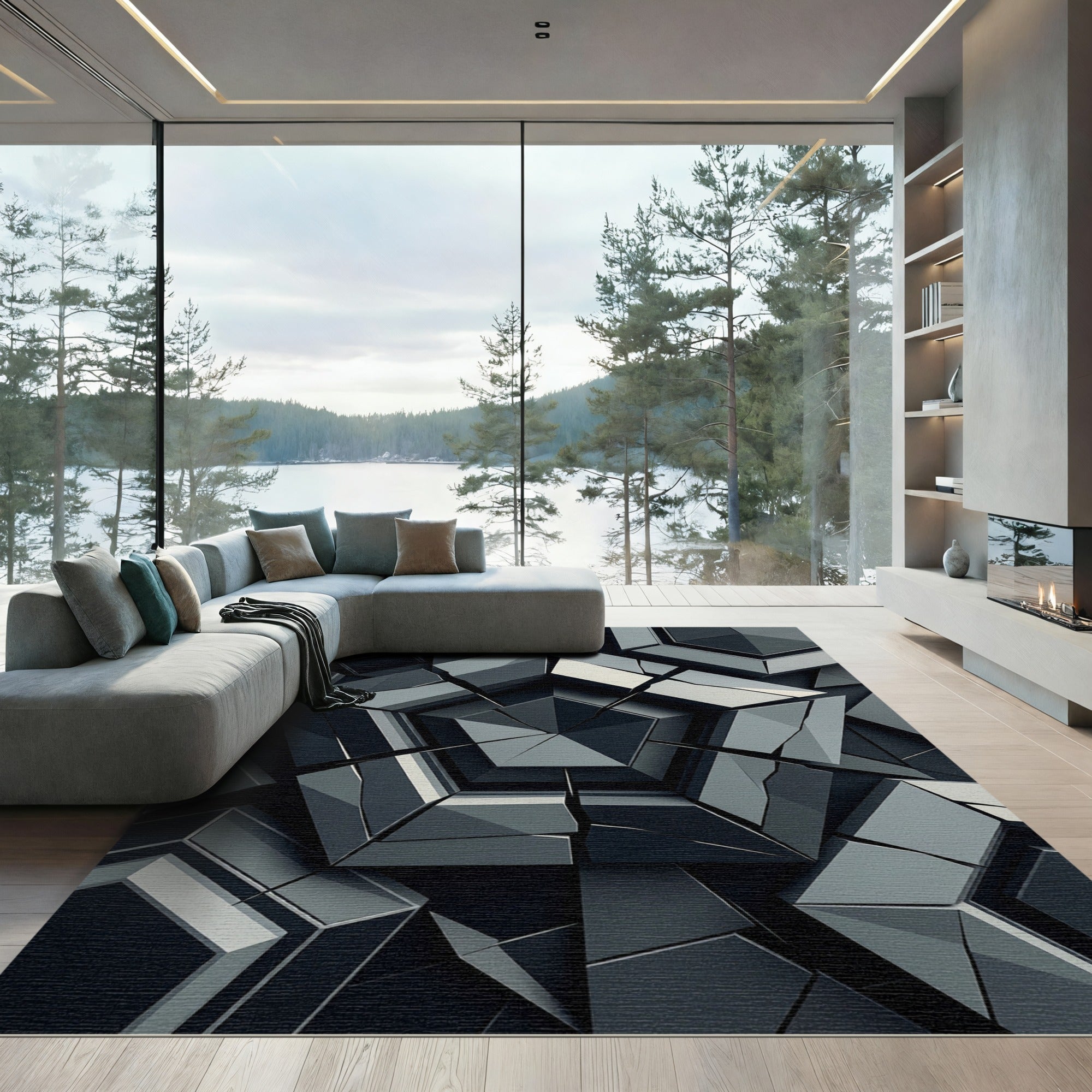 Monochrome Geometric Pentagonal Shattered Slate Rug