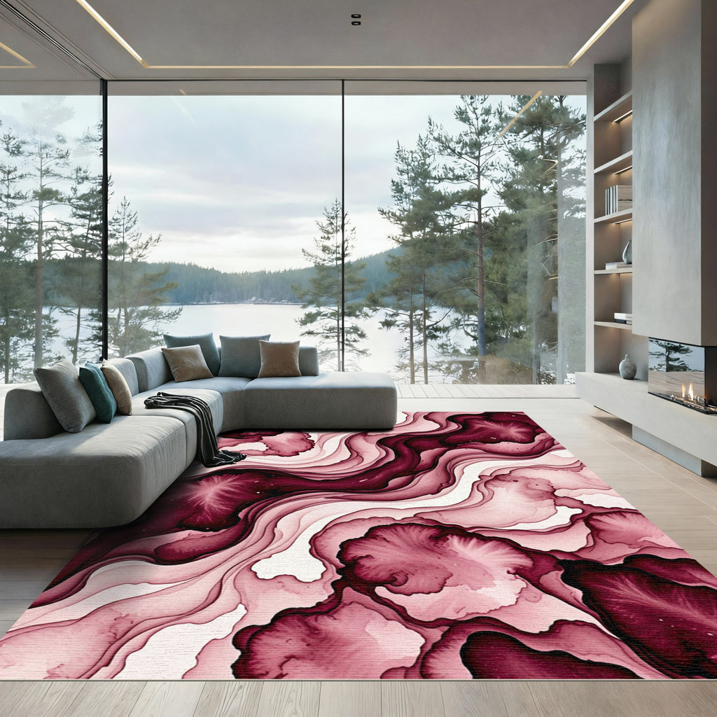 Abstract Burgundy Flowing Ink Swirls Rug