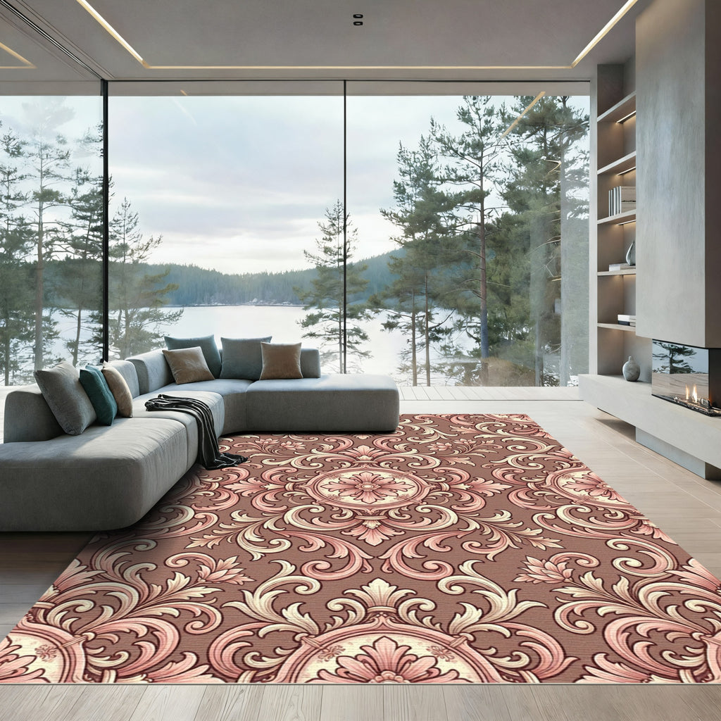 Rich Rose Pink Baroque Scroll Rug