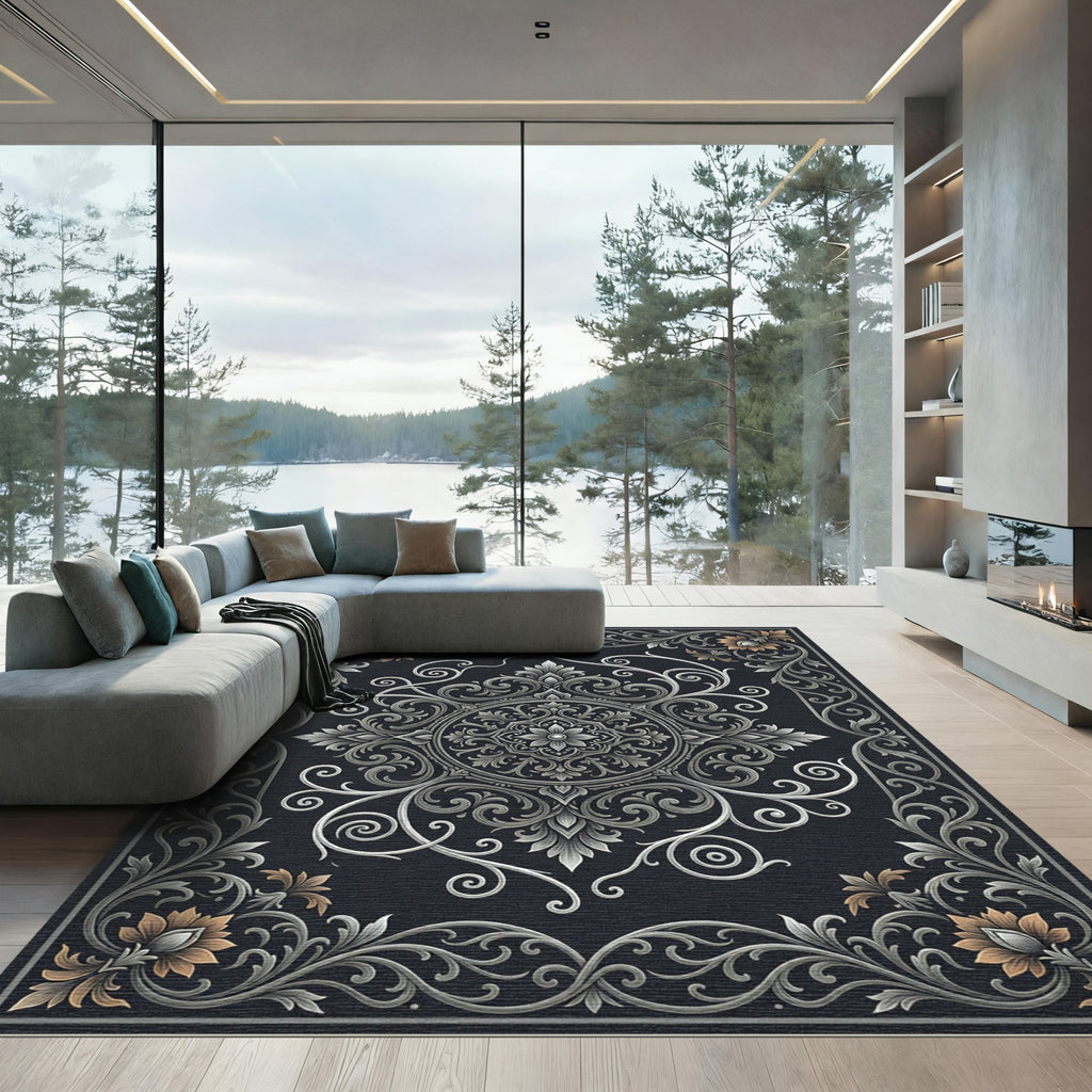 Intricate Silver Floral Vines Rug