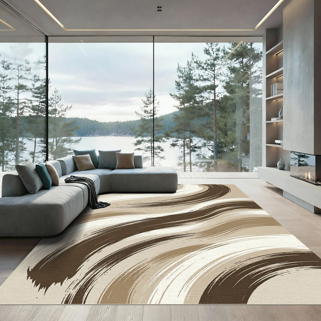 Abstract Taupe and Cream Swirling Waves Rug