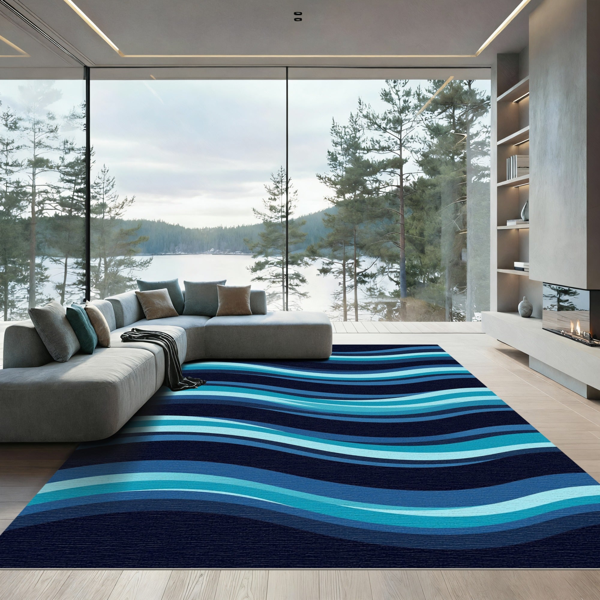Deep Blue Abstract Wave Modern Rug