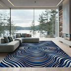Modern Blue Metallic Concentric Wave Rug