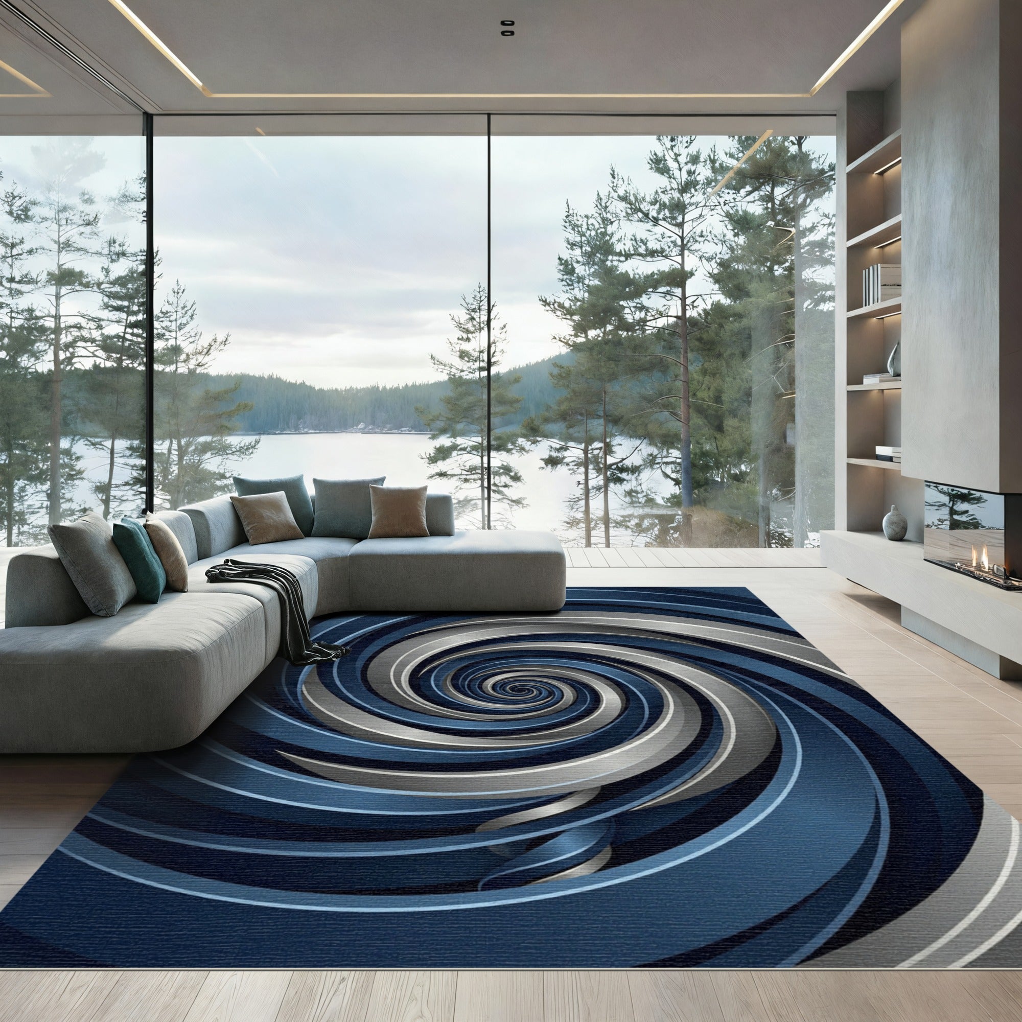 Modern Metallic Navy Silver Swirl Rug