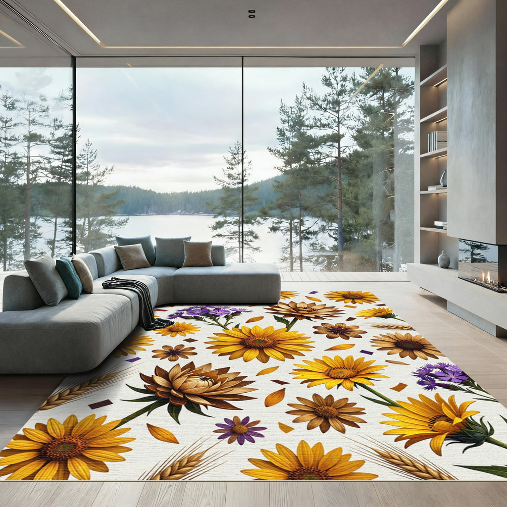 Sunny Sunflower Meadow with Wheat Field Rug