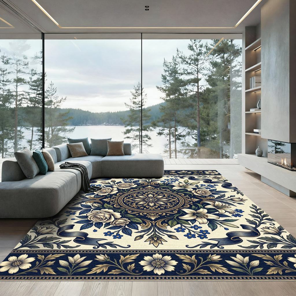 Elegant Navy Floral Cream Medallion Rug