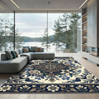 Elegant Navy Floral Cream Medallion Rug