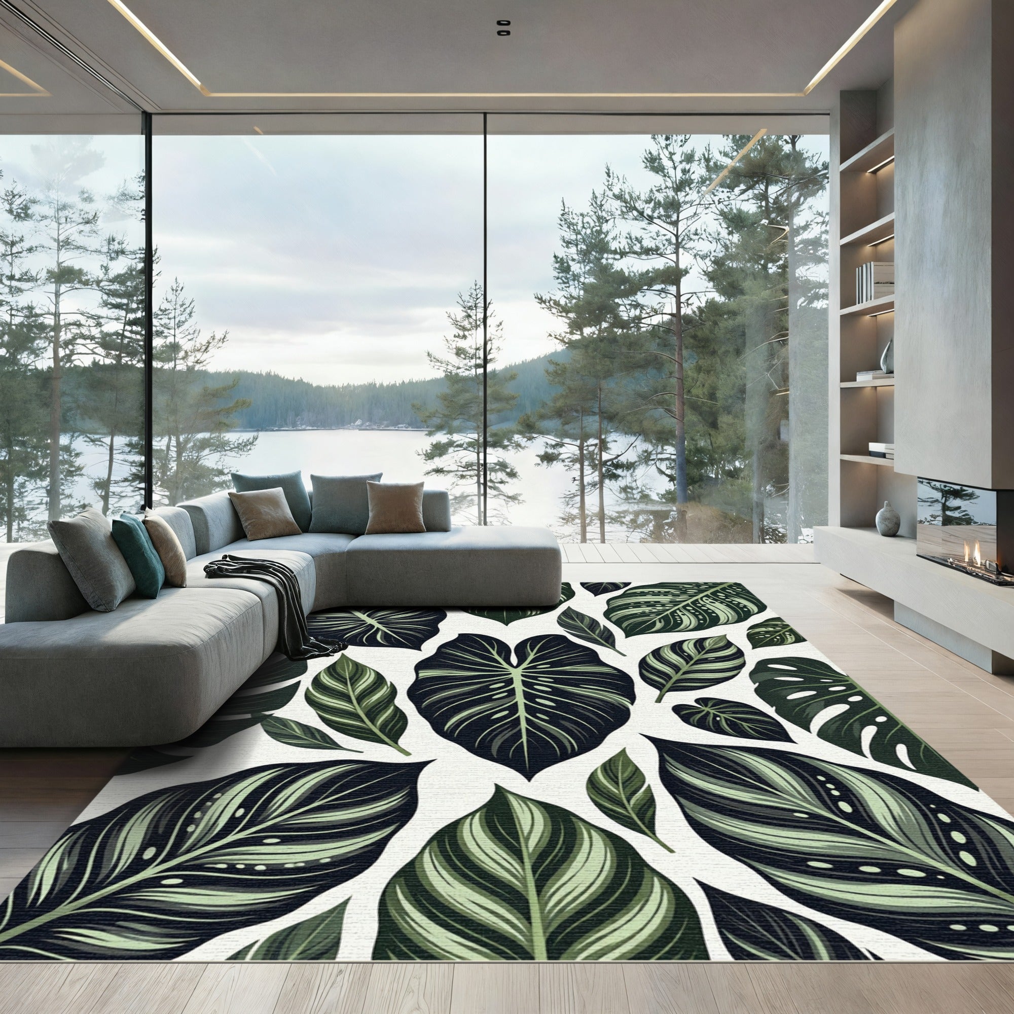 Dark Green Tropical Leaf Scatter Rug