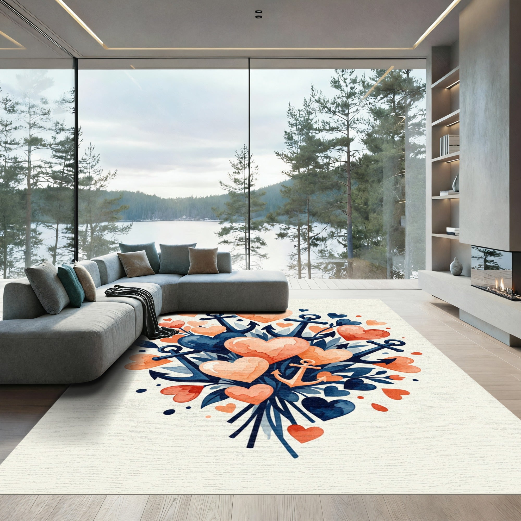 Navy Coral Hearts Anchor Composition Rug
