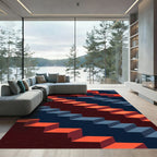 Red Blue Geometric Staircase Composition Rug