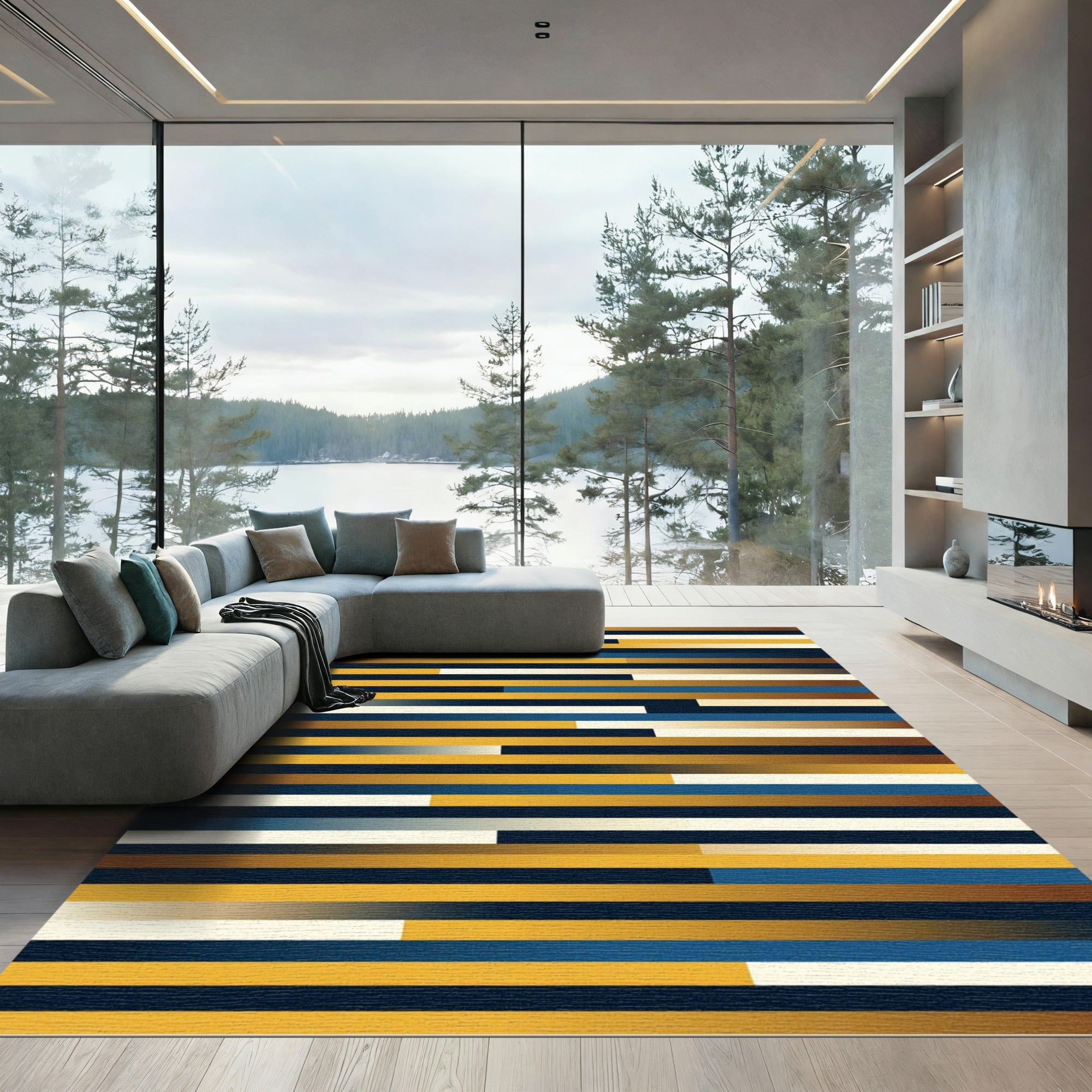 Modern Golden Navy Linear Gradient Stripe Rug