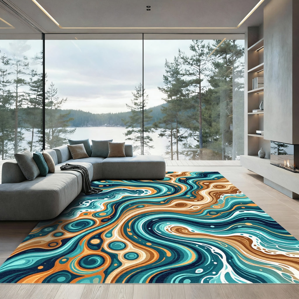Dynamic Teal Orange Swirl Abstract Rug
