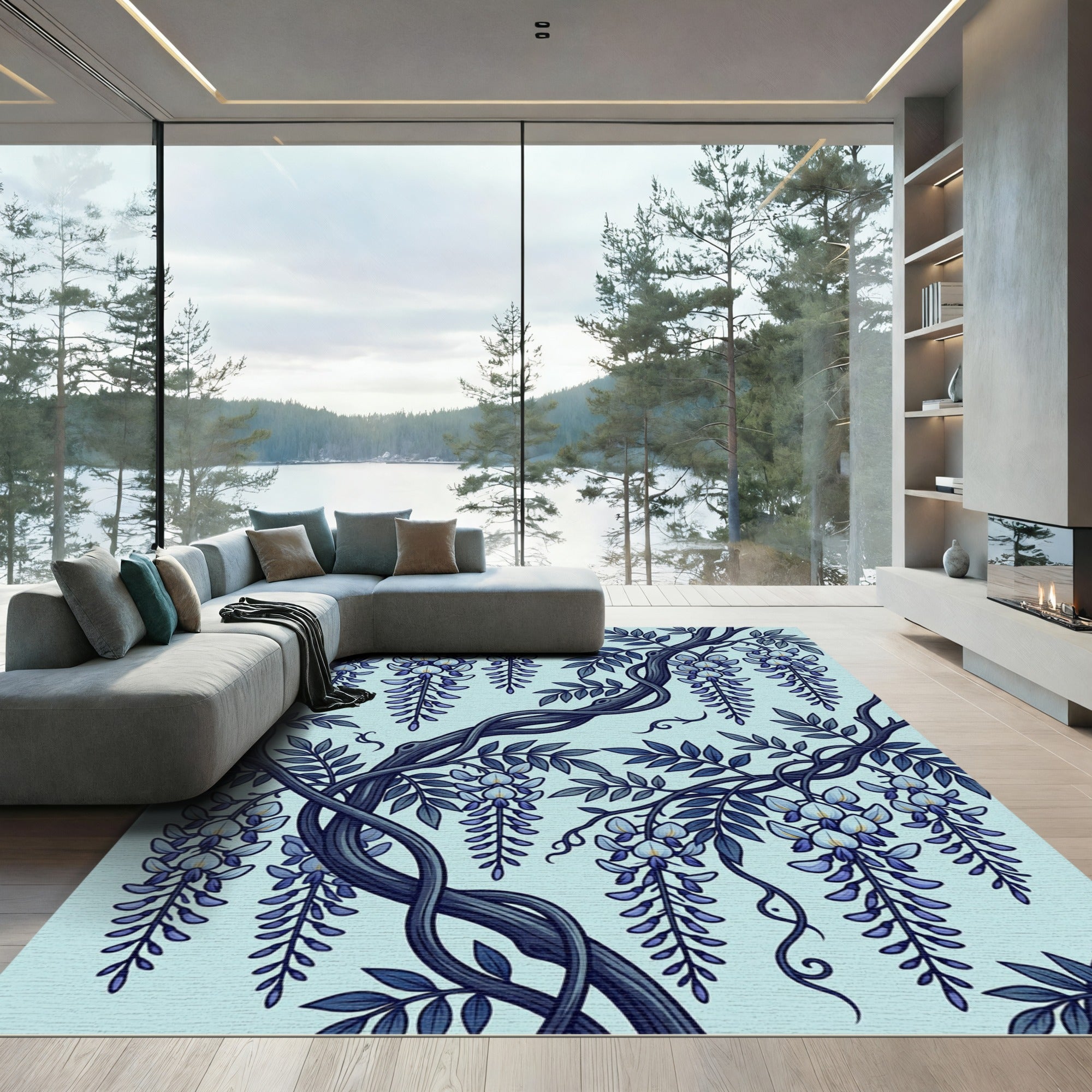 Art Nouveau Blue Wisteria Blossom Vines Rug