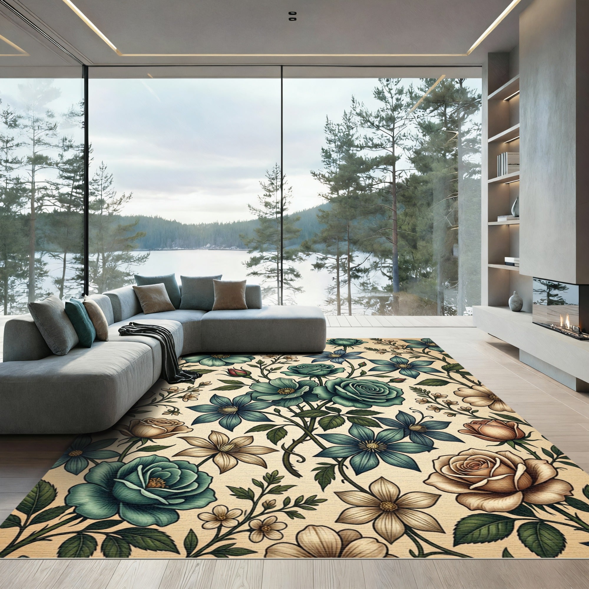 Sage and Cream Botanical Floral Garden Rug