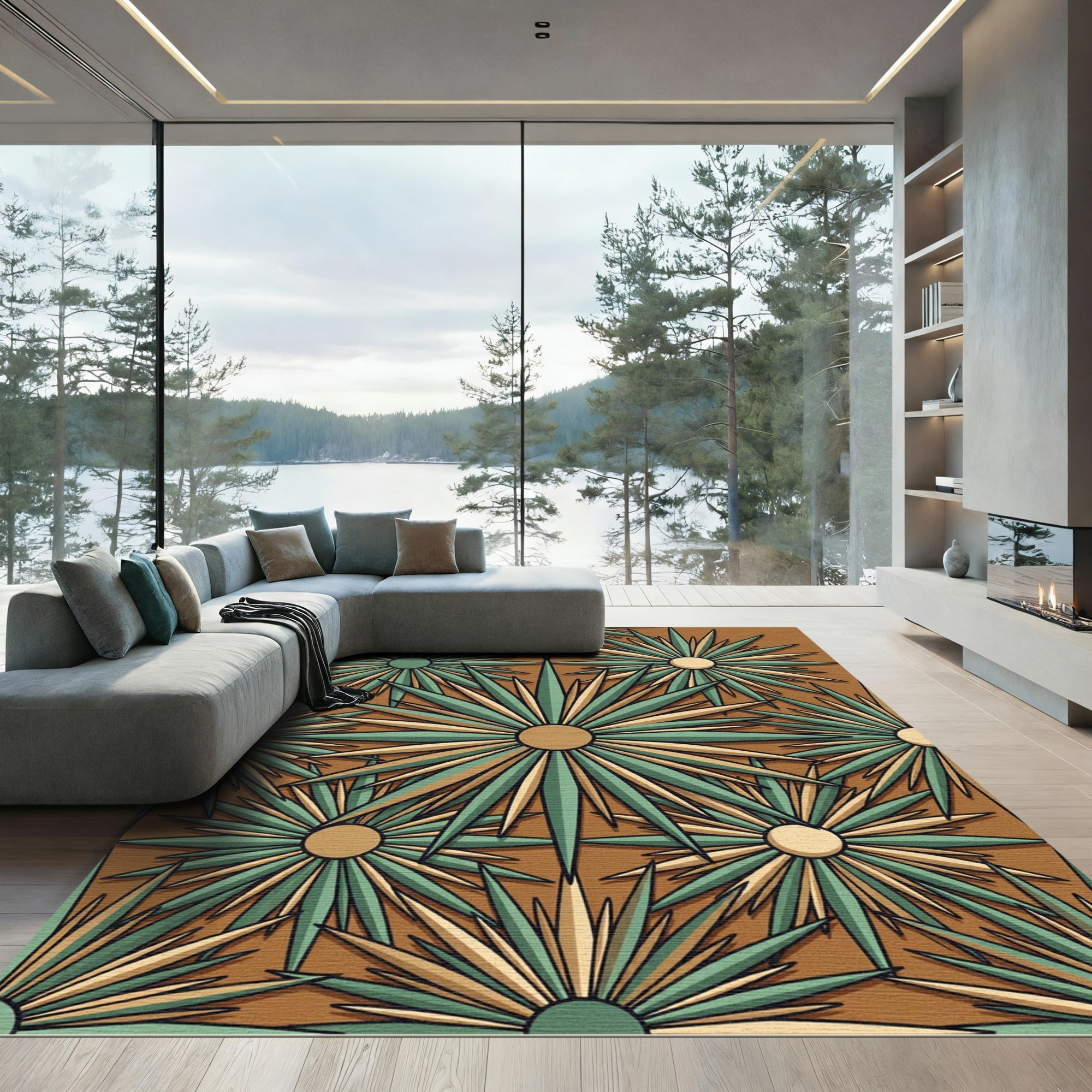 Art Deco Starburst Golden Sage Rug