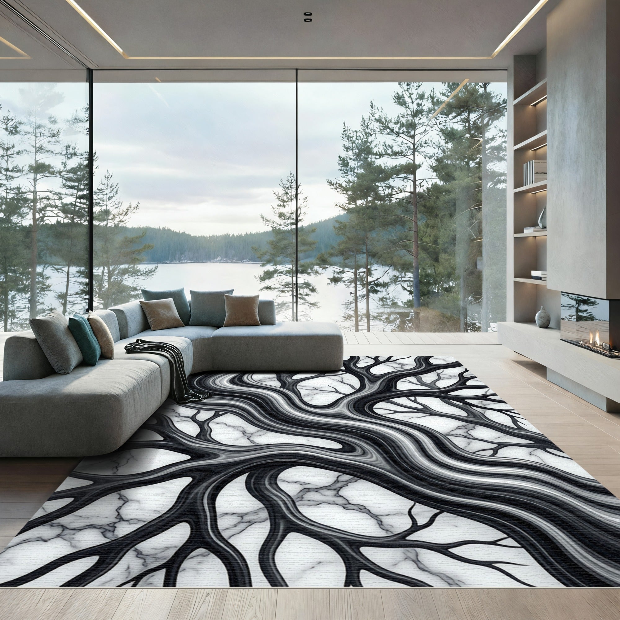 Monochrome Liquid Marble Branch Abstract Rug