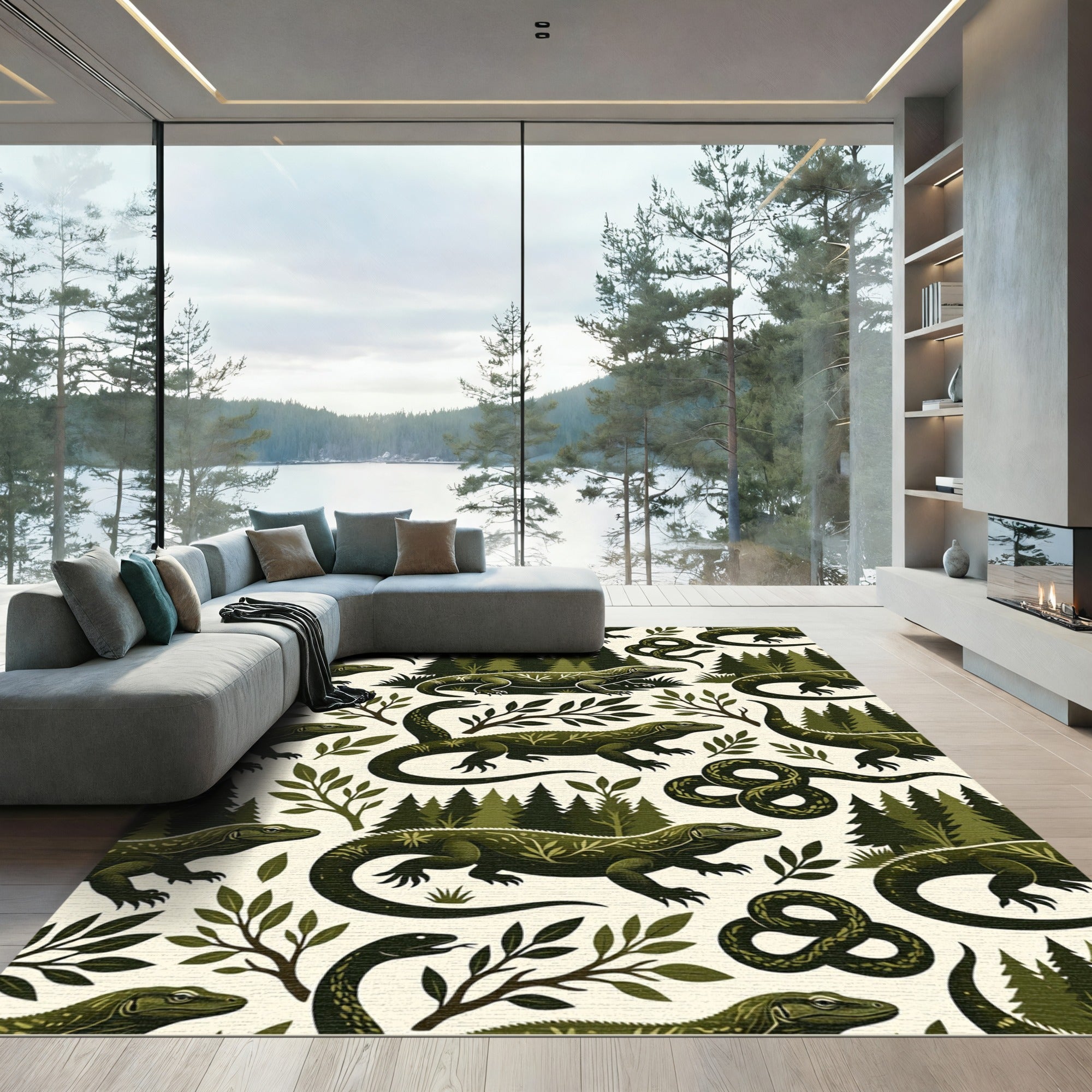 Forest Reptile Botanical Sage Green Tapestry Rug
