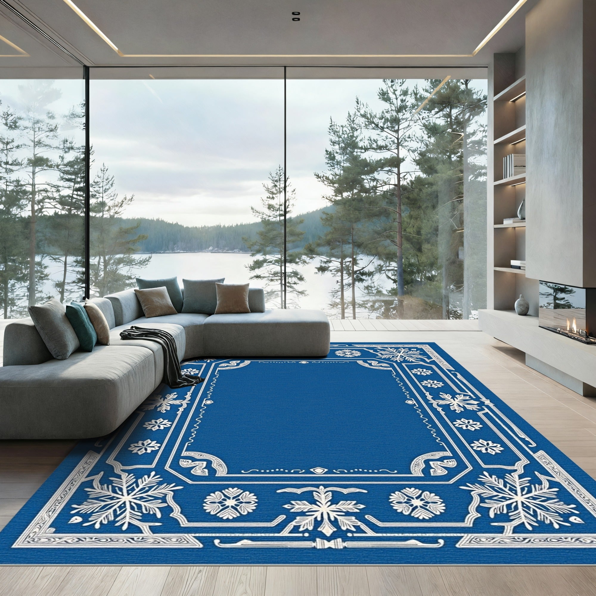 Royal Blue Snowflake Intricate Border Rug