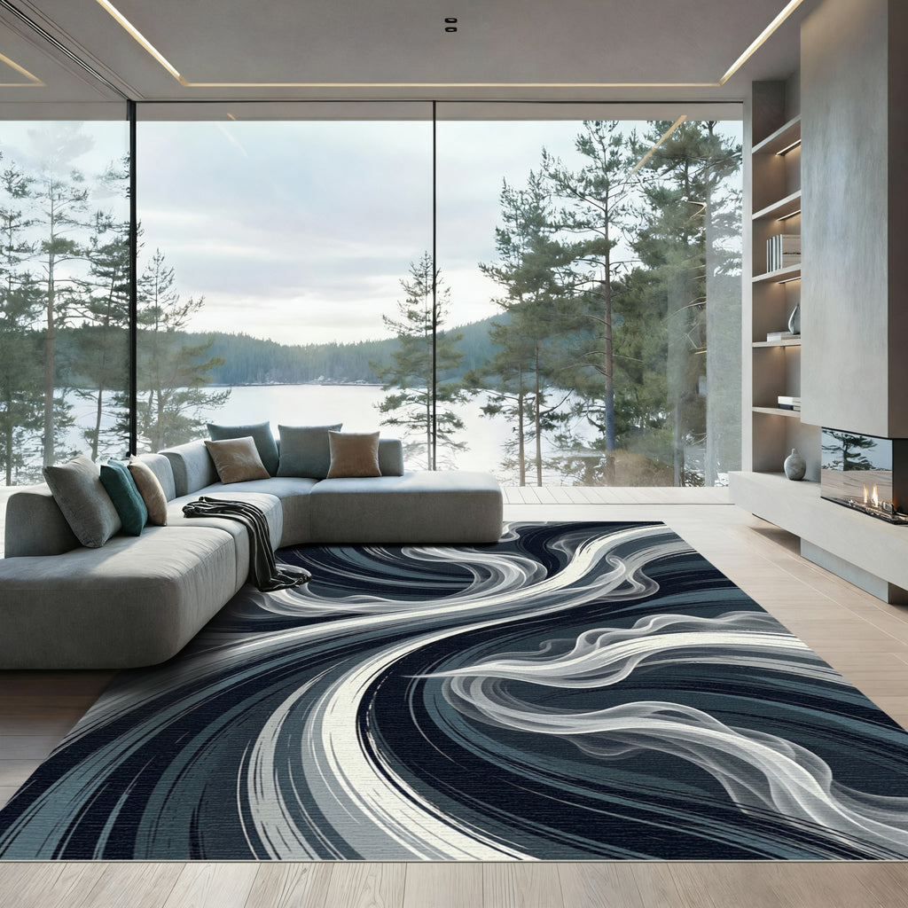 Abstract Monochrome Swirling Smoke Wave Rug