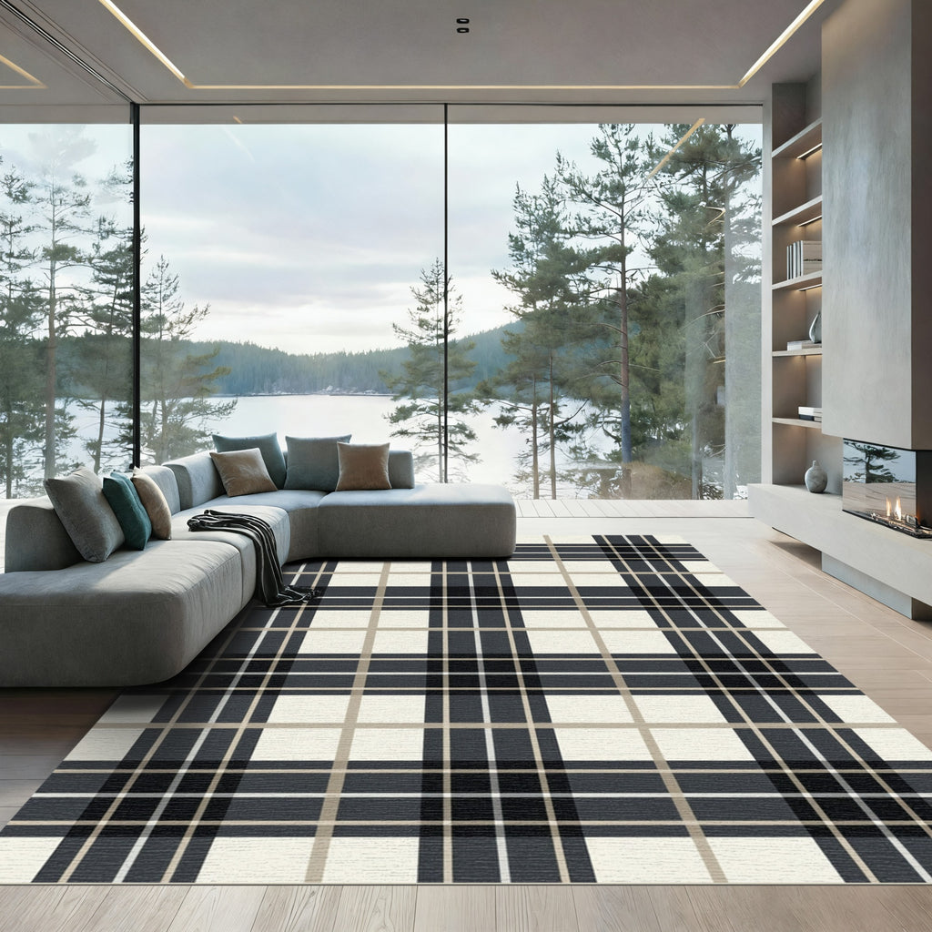 Modern Neutral Charcoal Plaid Grid Rug
