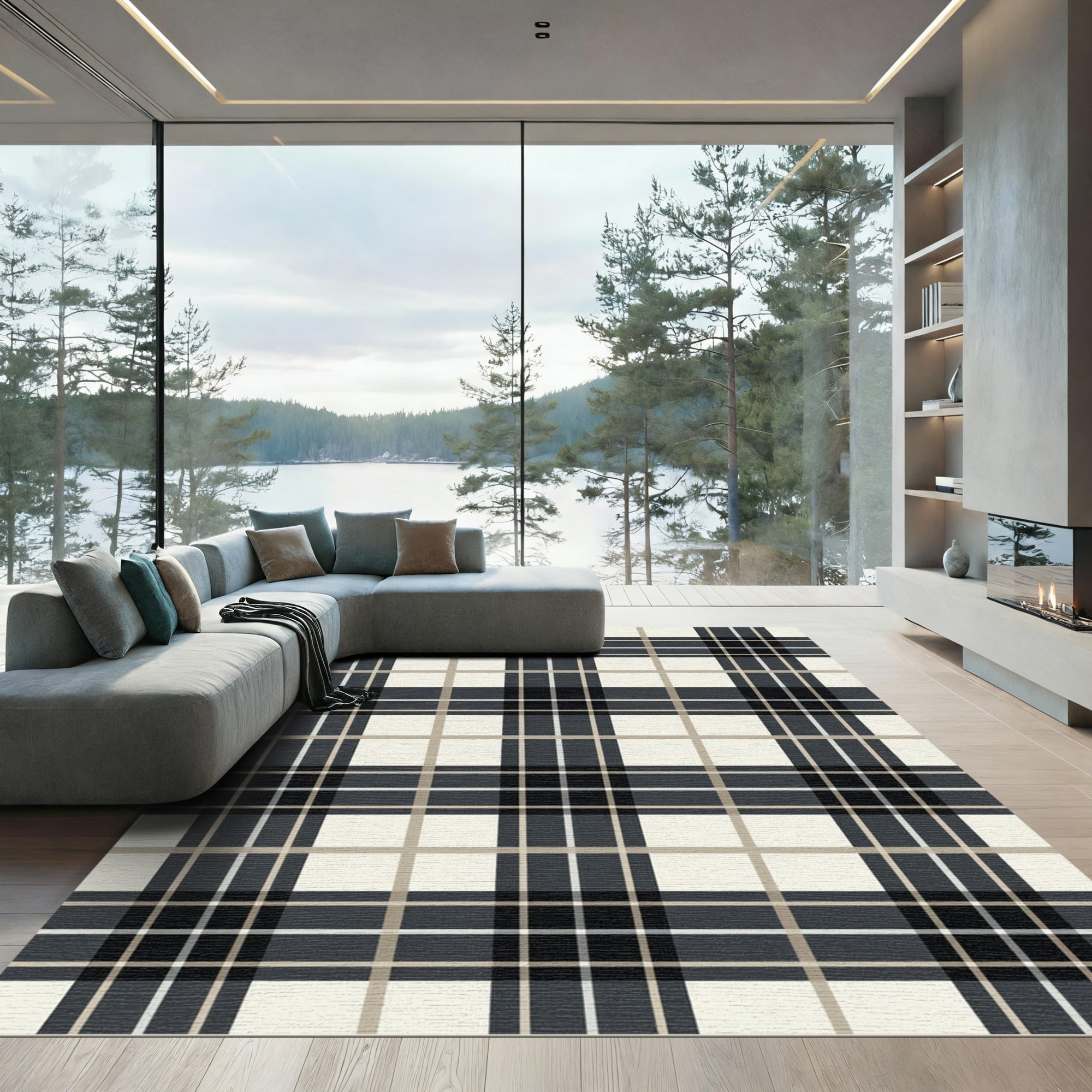 Modern Neutral Charcoal Plaid Grid Rug