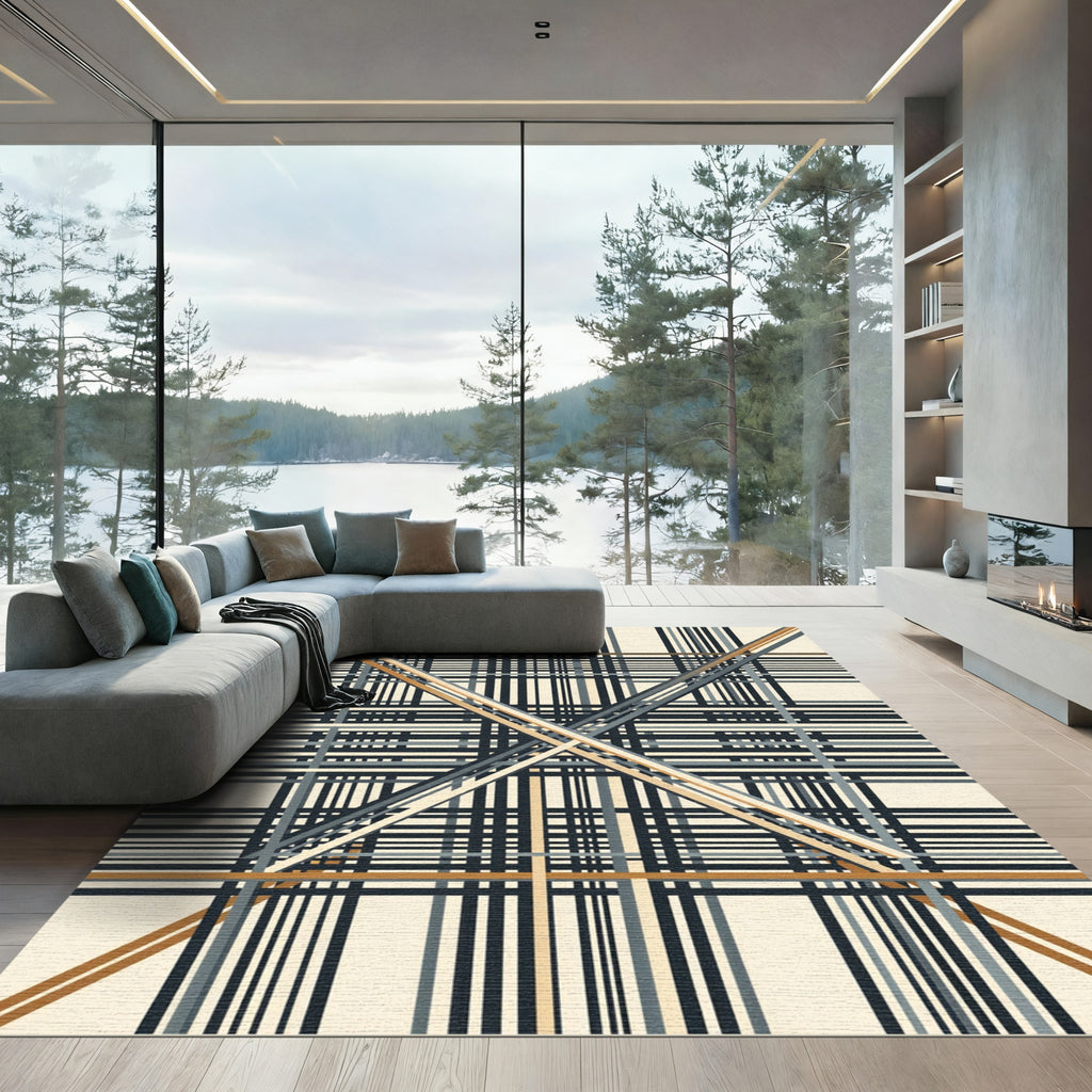 Contemporary Neutral Plaid Grid Lines Rug