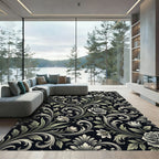 Ornate Floral Scrolls Black Background Rug