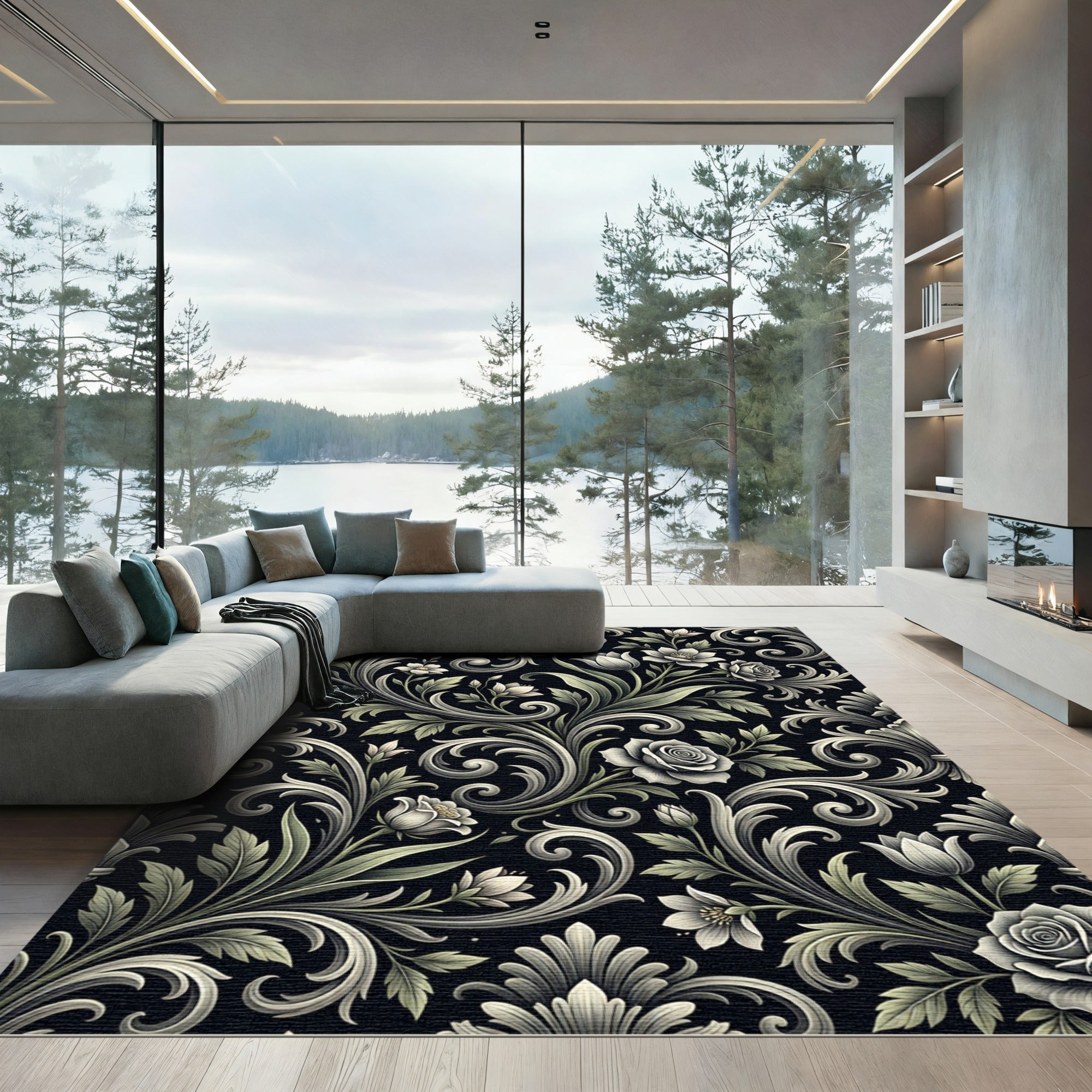 Ornate Floral Scrolls Black Background Rug