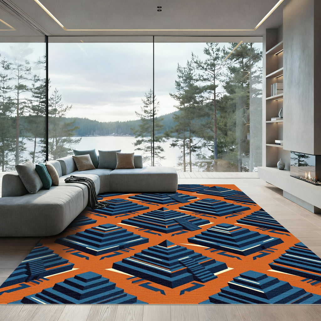 Geometric Blue Pyramid Burnt Orange Rug