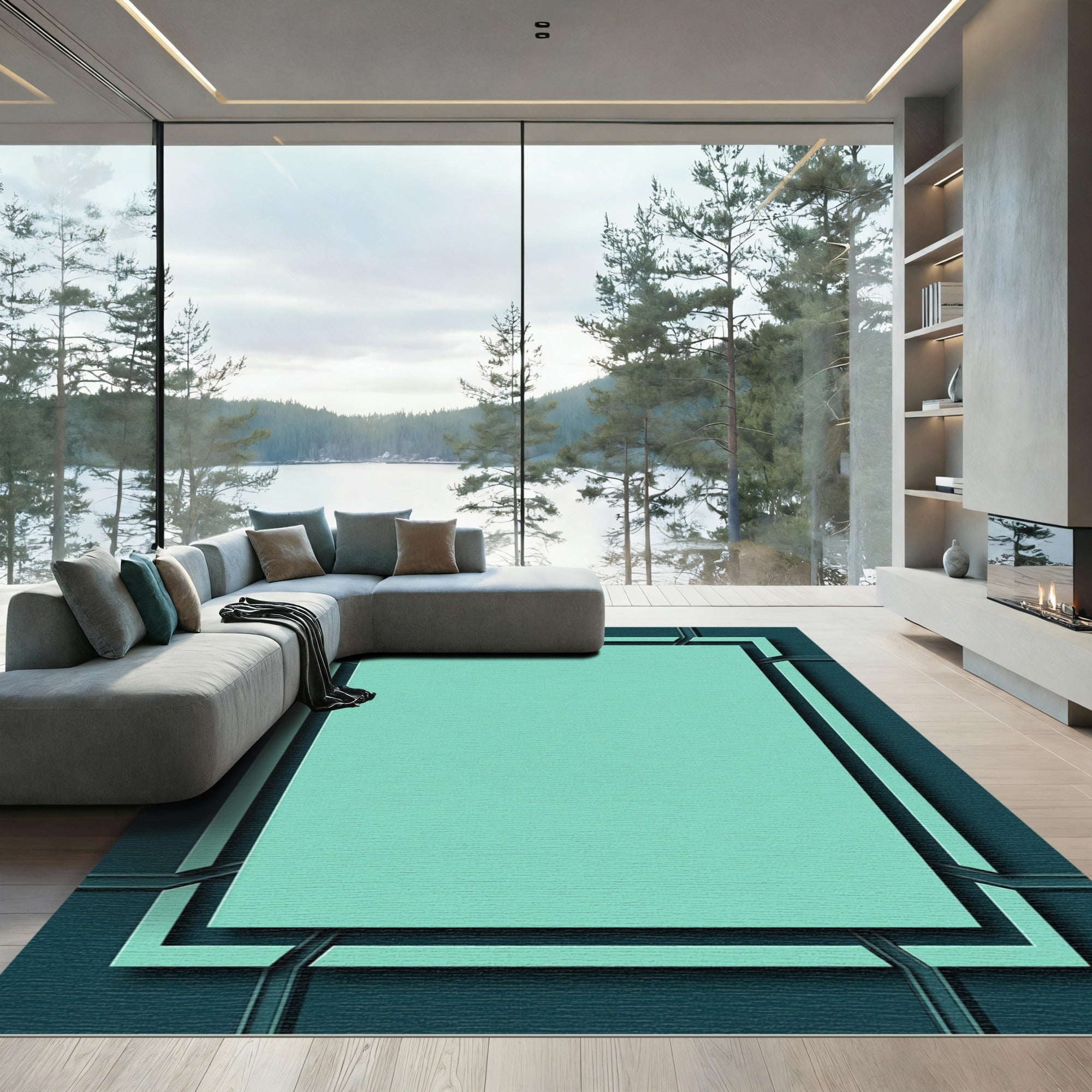 Teal Geometric Layered Rectangle Rug