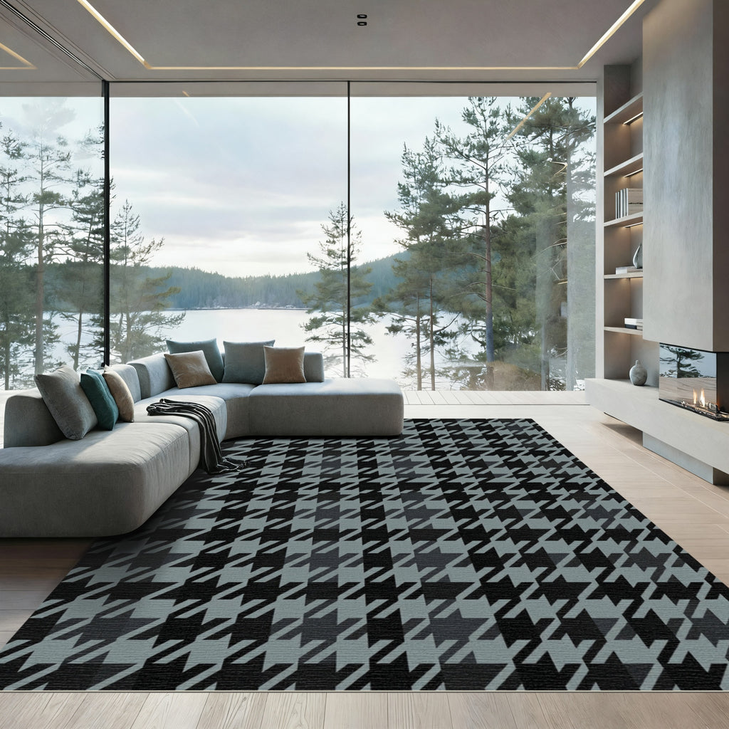 Black Gray Houndstooth Geometric Weave Rug