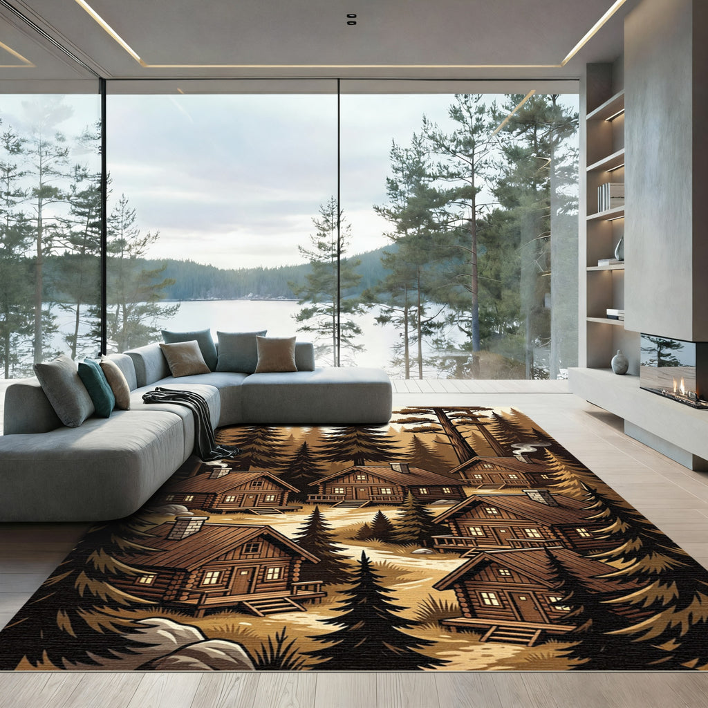 Rustic Woodland Cabin Forest Scenery Rug
