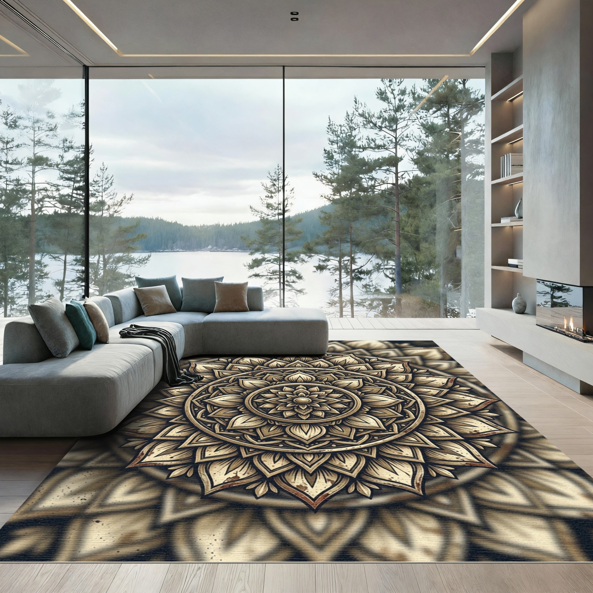 Golden Floral Mandala Medallion Circular Rug