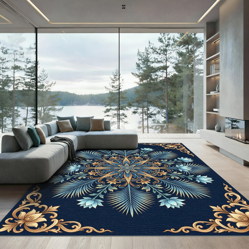 Navy Gold Blue Floral Medallion Rug