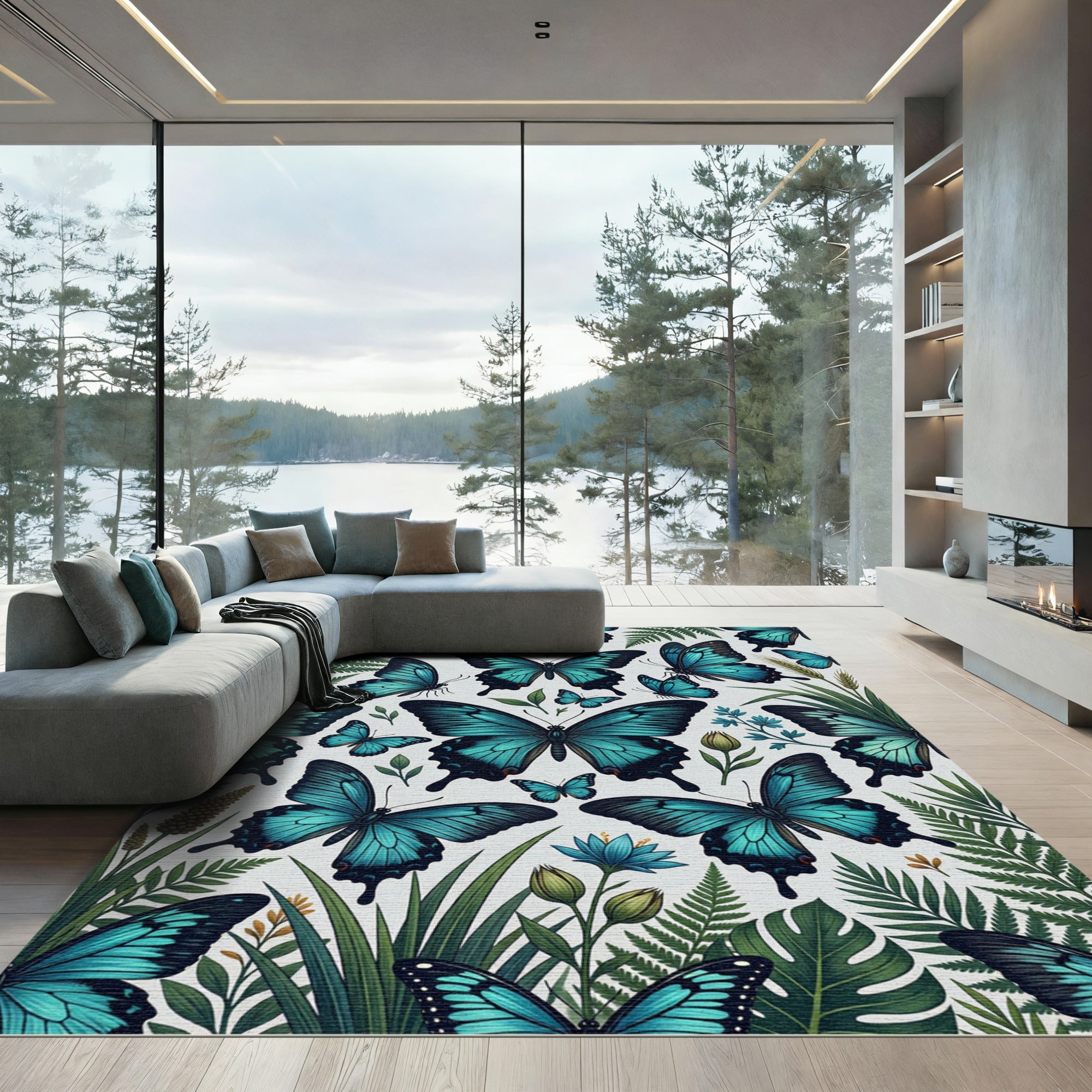 Vibrant Blue Butterfly Tropical Fern Garden Rug