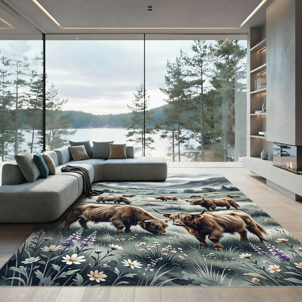 Highland Cattle Meadow Watercolor Landscape Rug
