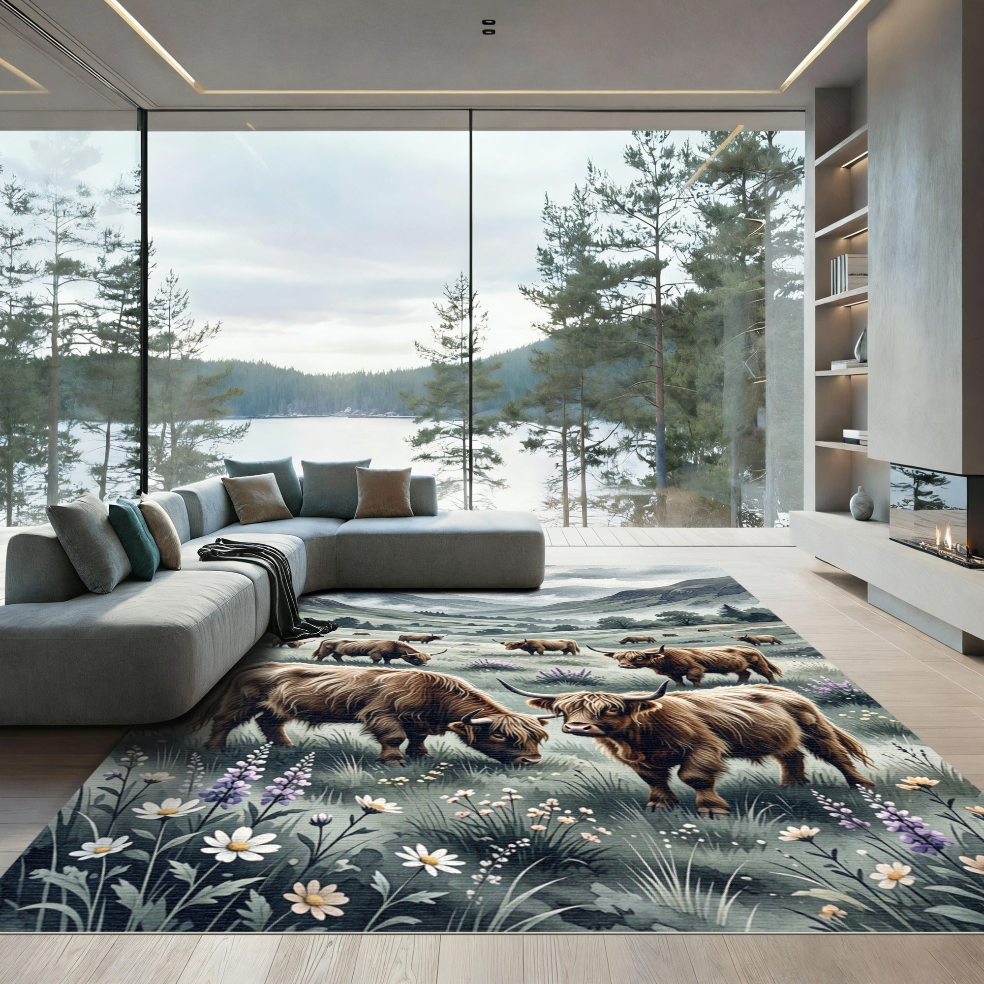 Highland Cattle Meadow Watercolor Landscape Rug