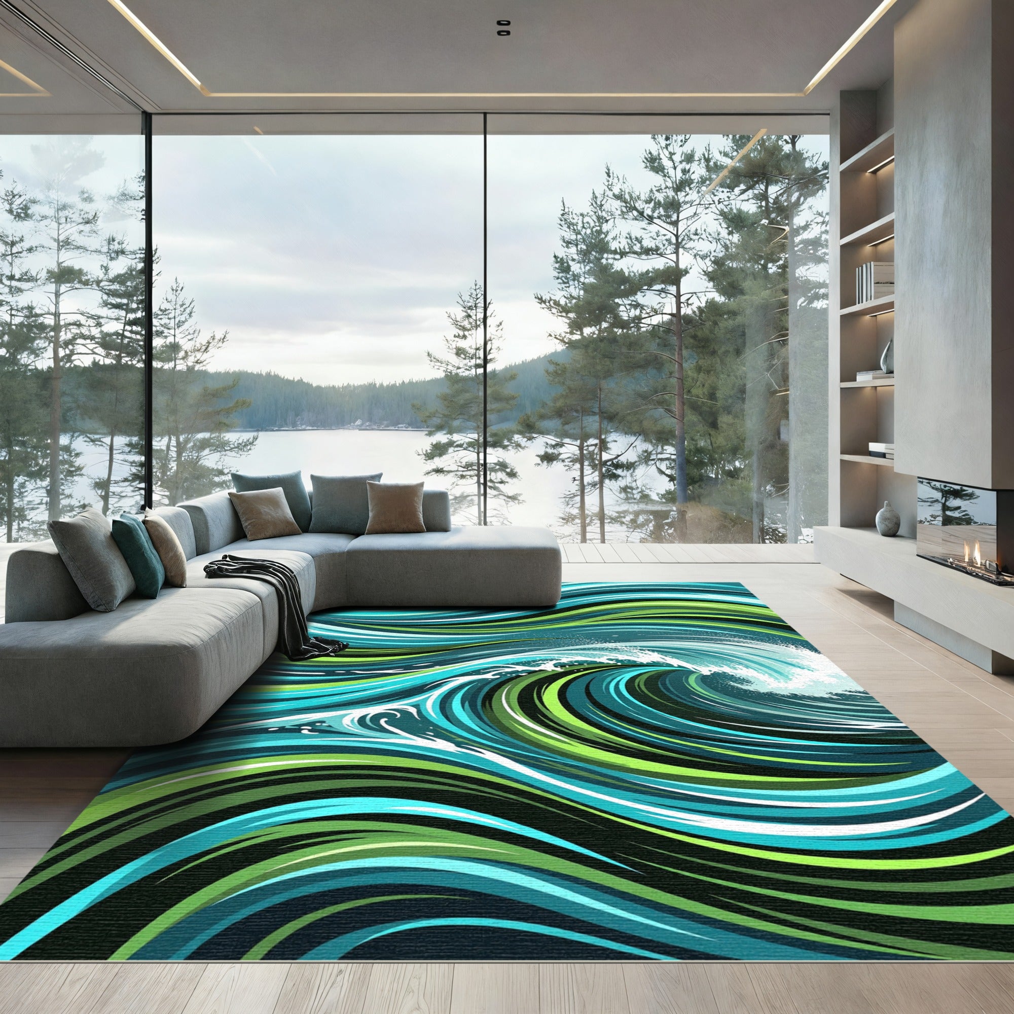 Abstract Swirling Aqua and Lime Wave Rug